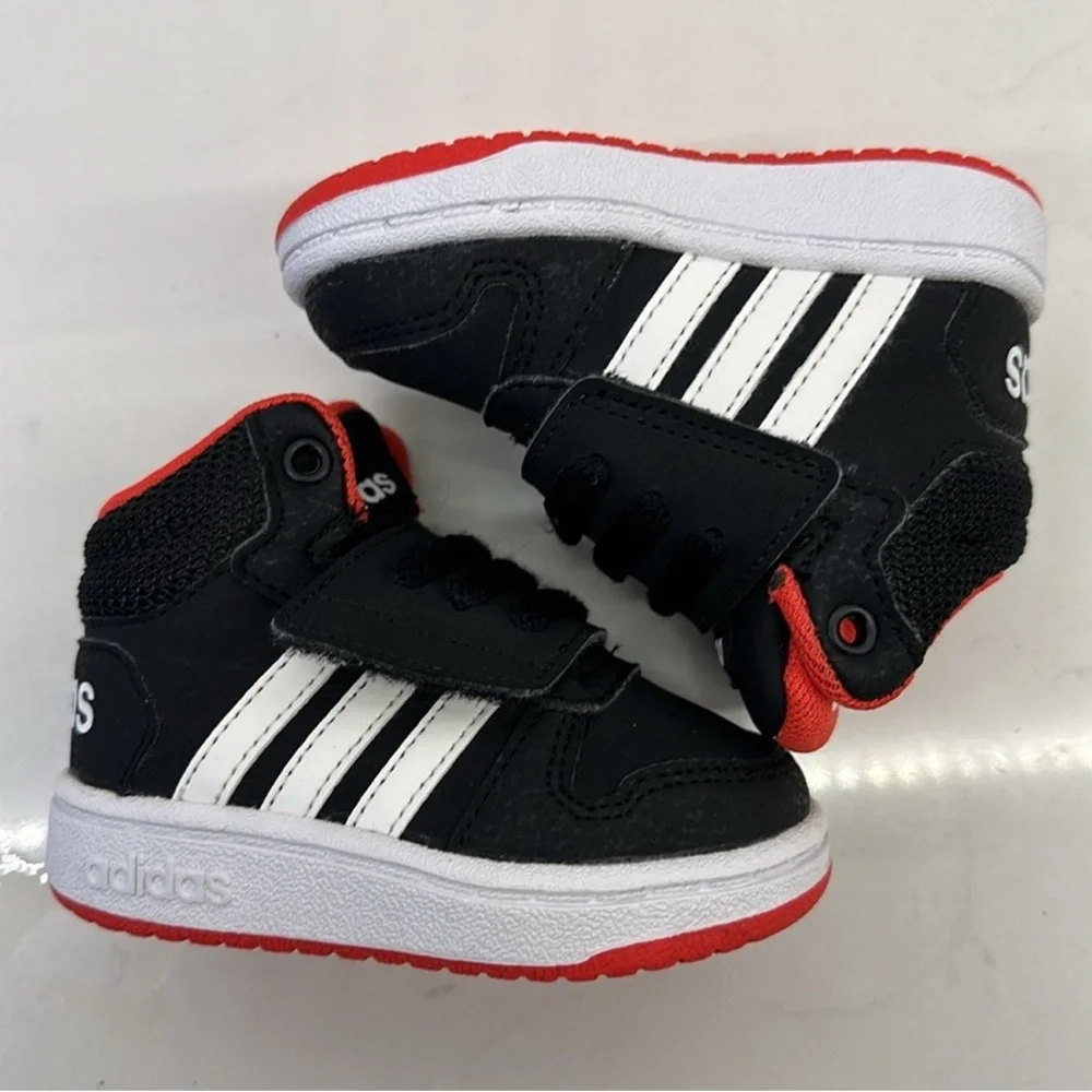Adidas Hoops Mid 2.0 Toddler Shoes Size 3K Black White Red Velcro Sneakers